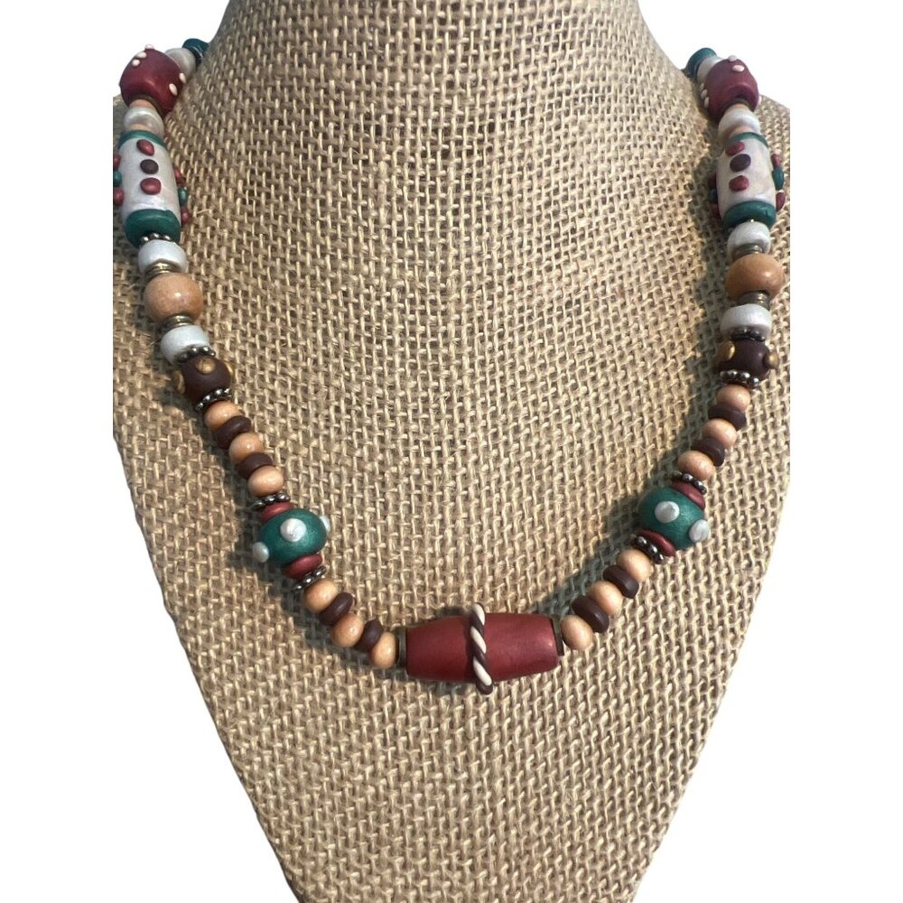 Handcrafted Wooden Clay Beads Necklace Multicolor Tribal Design Unique Statement
